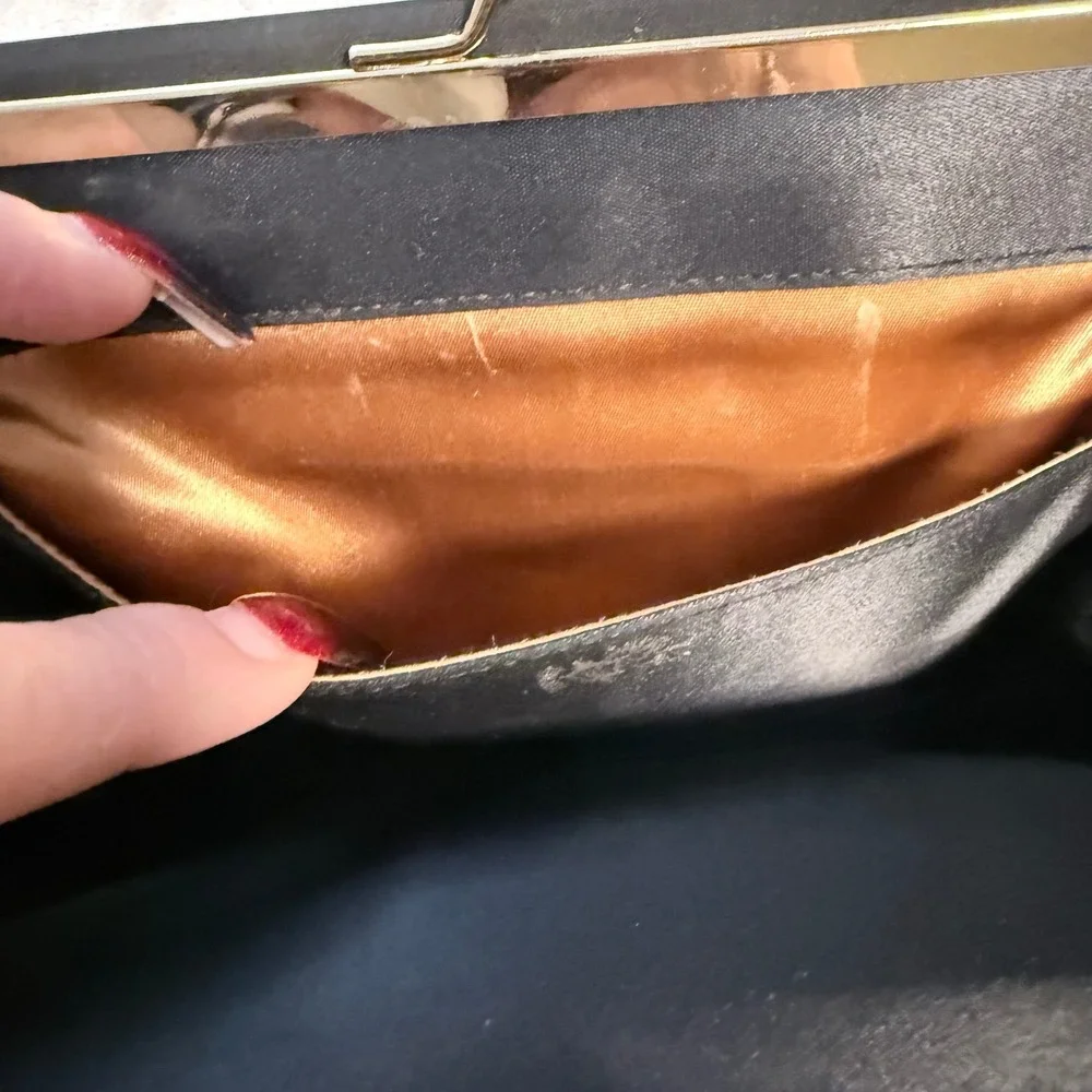 Vintage‎ After Five Black Satin Clutch Gold Bow Evening Bag Purse USA